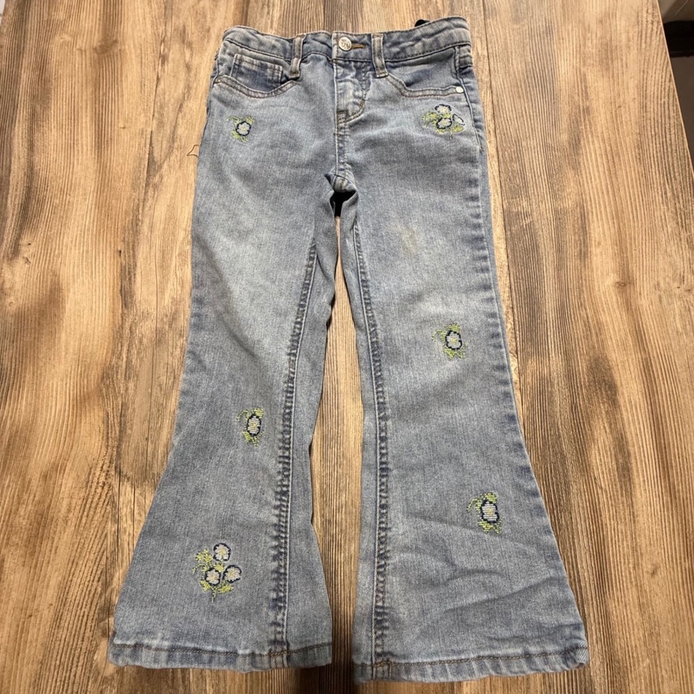 Cottagecore Beautees Flare Jeans Light Blue Floral Embroidered Retro Kids Size 6